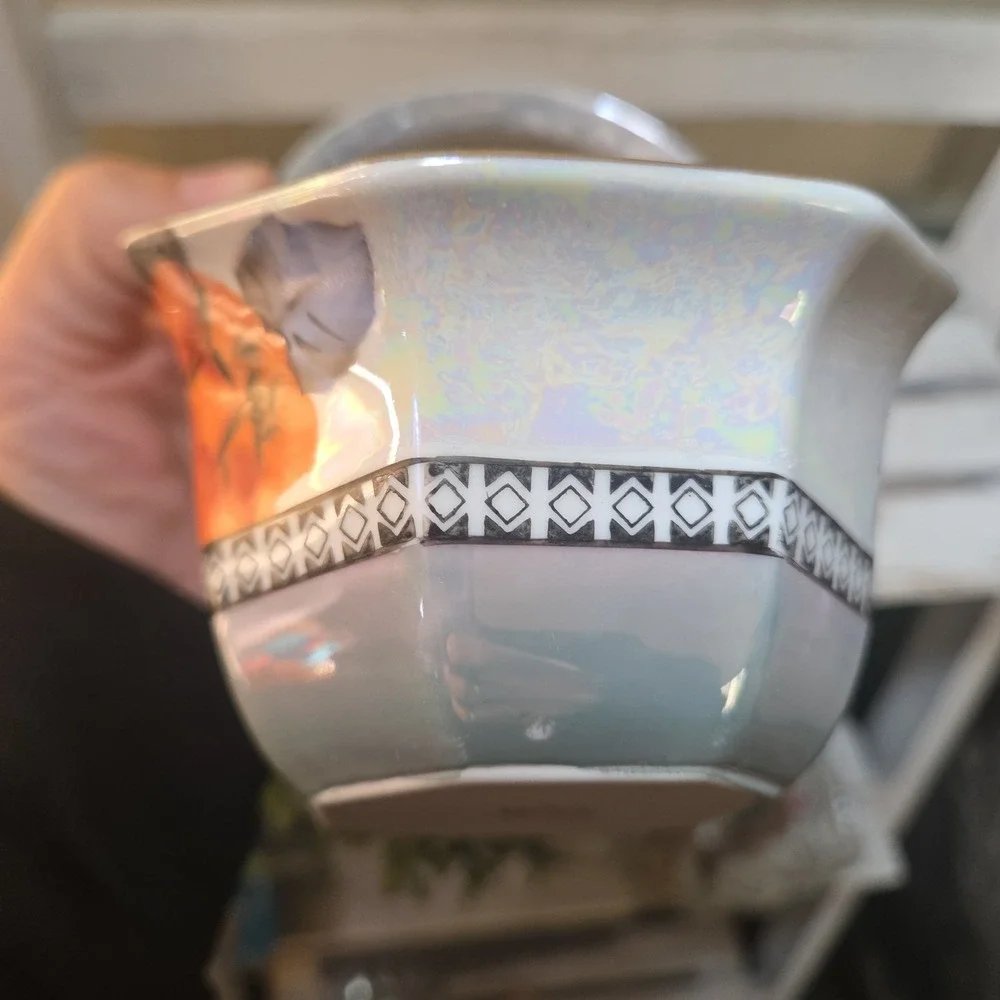 Vintage Lusterware Porcelain Basket with Hand-painted Floal Motif Japan Art Deco